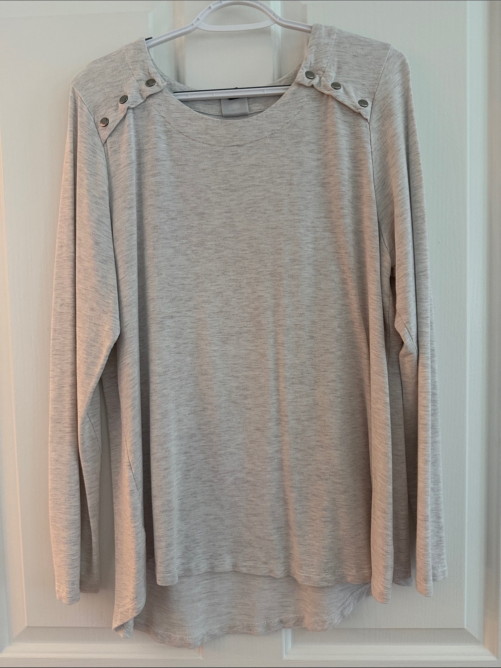 CAbi Light Gray Long-Sleeve Button Shoulder Top
